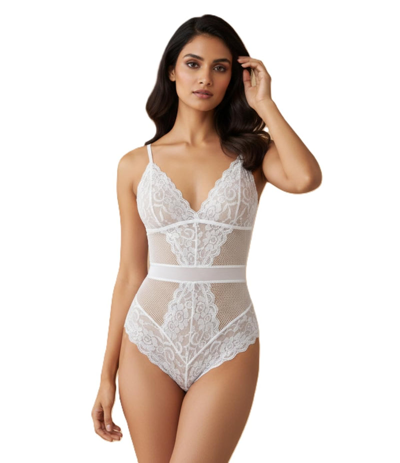 GD Lingeries Ivory Lace Tie Back Bodysuit with Mesh Panels for Women