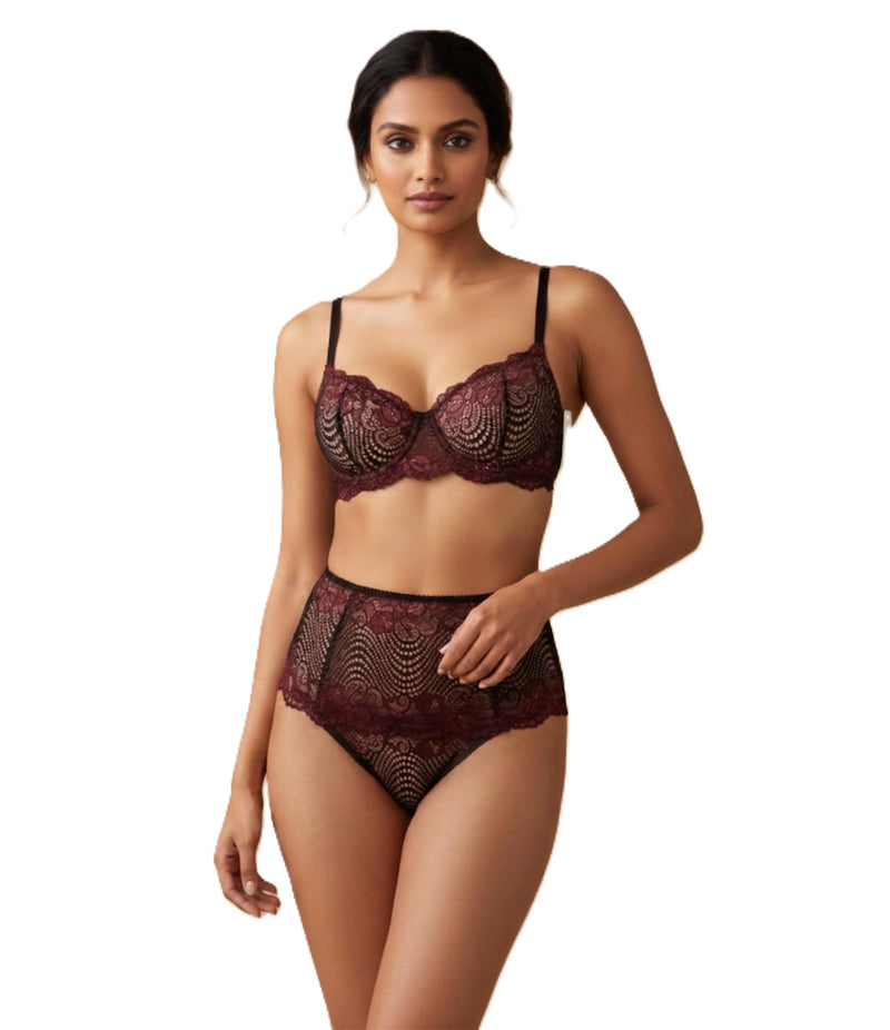 GD Lingeries Burgundy Black Lace Bra Garter Belt and Thong Set for Women