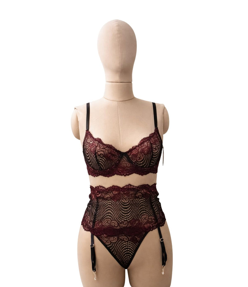 GD Lingeries Burgundy Black Lace Bra Garter Belt and Thong Set for Women